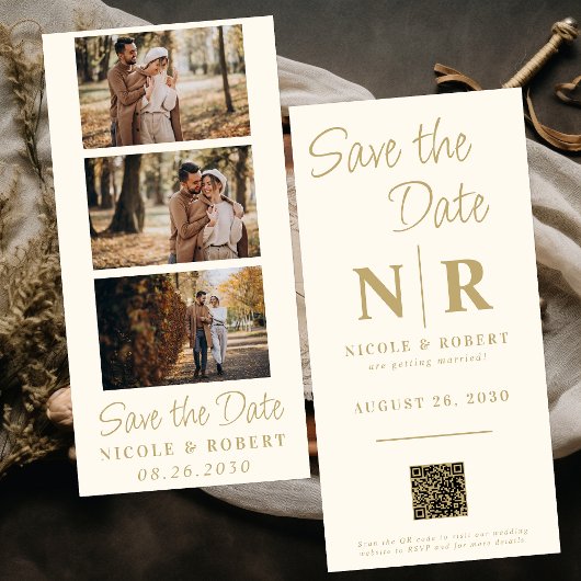 エレガントなウェディングモノグラムフォトストリップQRコード セーブザデート