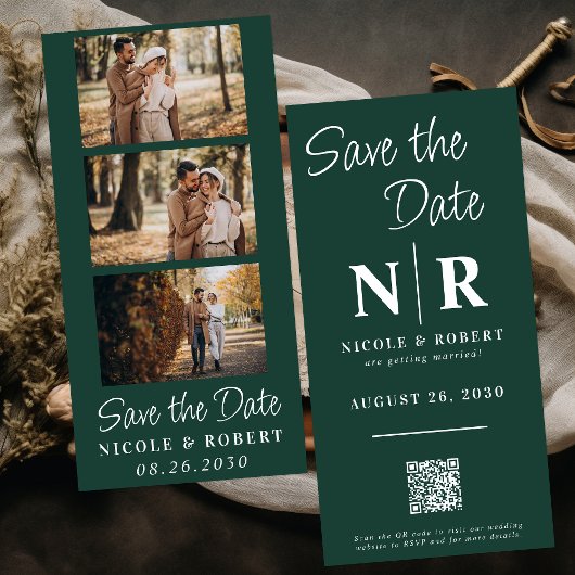 エレガントなウェディングモノグラムフォトストリップQRコード セーブザデート