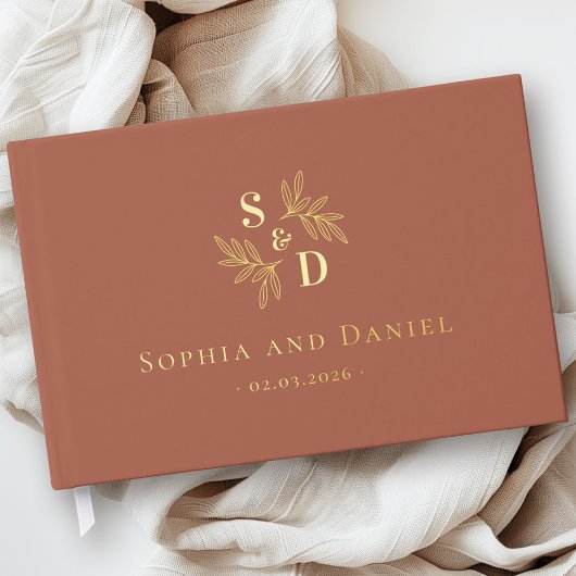 エレガントなウェディングモノグラム離れの緑の実在箔 ゲストブック