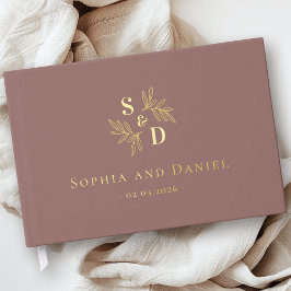 エレガントなウェディングモノグラム離れの緑の実在箔 ゲストブック