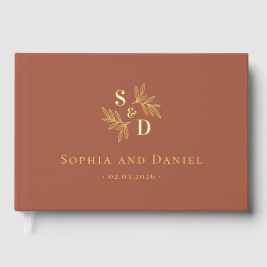 エレガントなウェディングモノグラム離れの緑の実在箔 ゲストブック (正面)