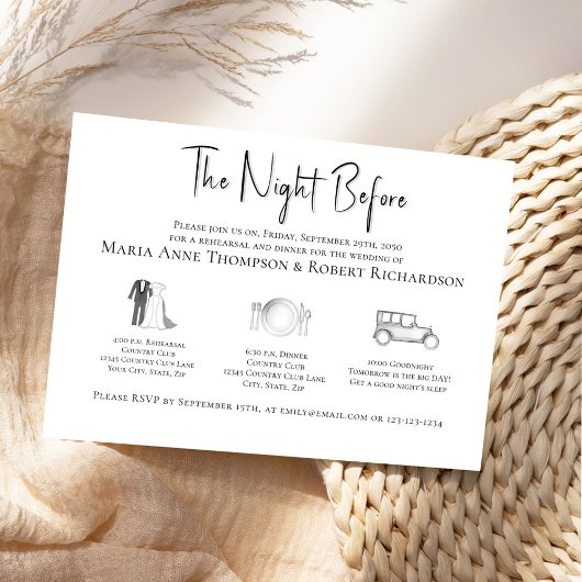 エレガントなウェディングリハーサルのディナータイムライン 招待状