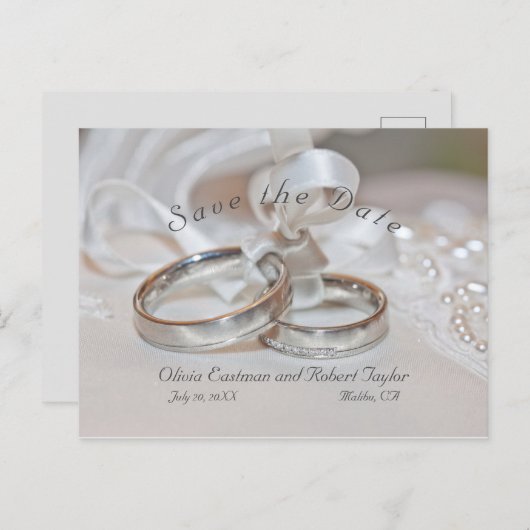 エレガントなウェディングリング日付を保存 案内ポストカード (正面/裏面)