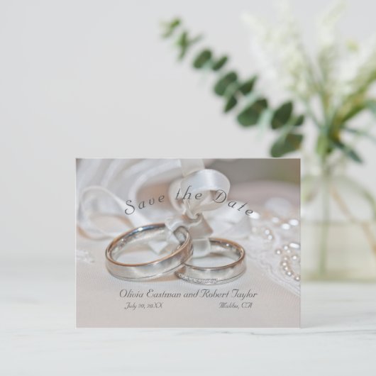 エレガントなウェディングリング日付を保存 案内ポストカード (スタンド正面)