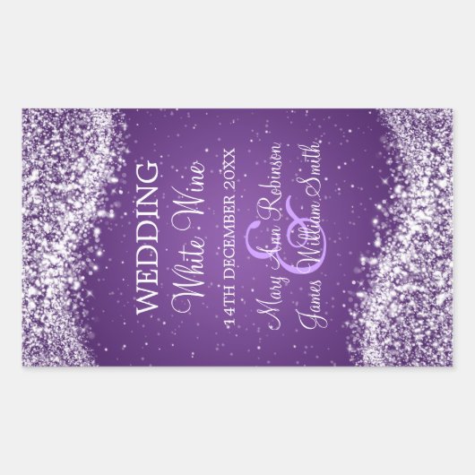 エレガントなウェディングワインラベルきらめくウェーブパープル 長方形シール (正面)