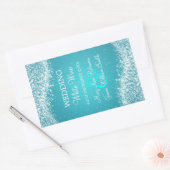 エレガントなウェディングワインラベルきらめくウェーブブルー 長方形シール (封筒)