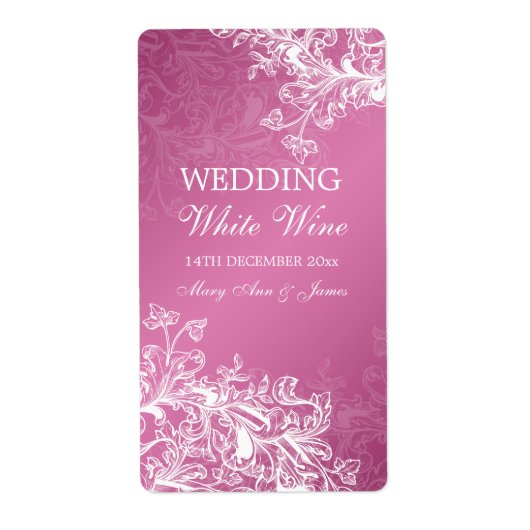 エレガントなウェディングワインラベルヴィンテージ渦巻きピンク ラベル (正面)
