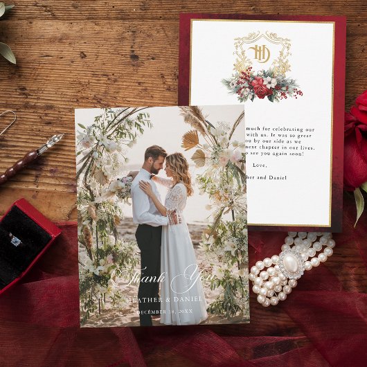 エレガントなウェディング写真書道ありがとう サンキューカード