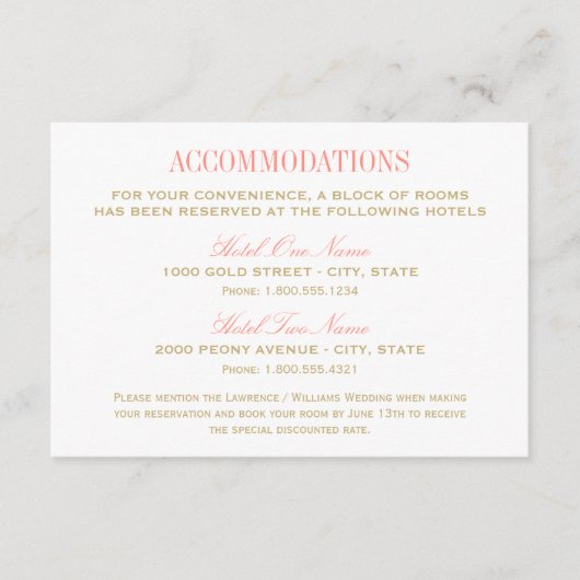 エレガントなウェディング宿泊施設コーラルと金ゴールド エンクロージャーカード (正面)