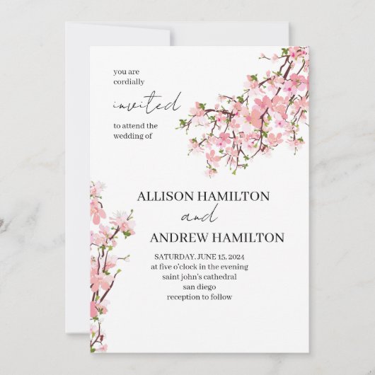 エレガントなウェディング招待状とさくらんぼの花 招待状 (正面)