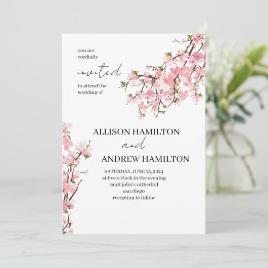 エレガントなウェディング招待状とさくらんぼの花 招待状 (スタンド正面)