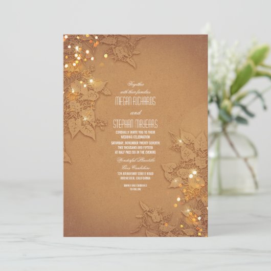エレガントなウェディング招待状とストリングライトの枝 招待状 (スタンド正面)