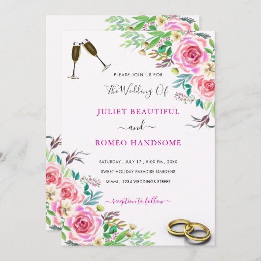 エレガントなウェディング招待状とバラとリングや輪 (正面/裏面)