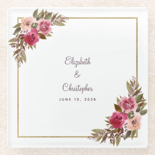 エレガントなウェディング新婦と新郎シックフローラカシス ガラスコースター (正面)