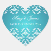 エレガントなウェディング日付ヴィンテージダマスクブルー ハートシール (正面)