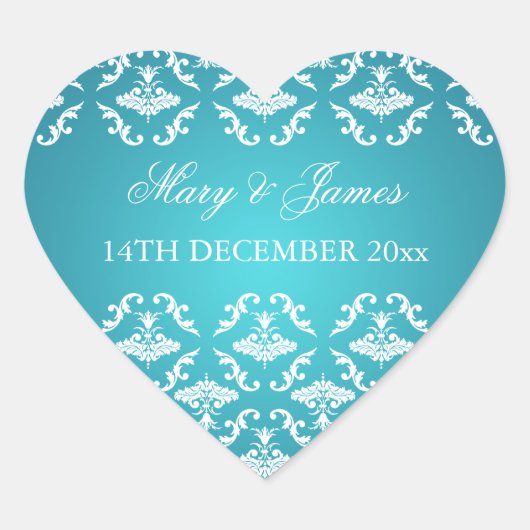 エレガントなウェディング日付ヴィンテージダマスクブルー ハートシール (正面)