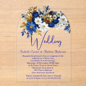 エレガントなウェディング王室のブルーホワイト金ゴールドの花 アクリル招待状 (正面)