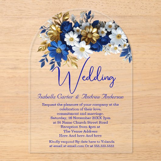 エレガントなウェディング王室のブルーホワイト金ゴールドの花 アクリル招待状 (正面)