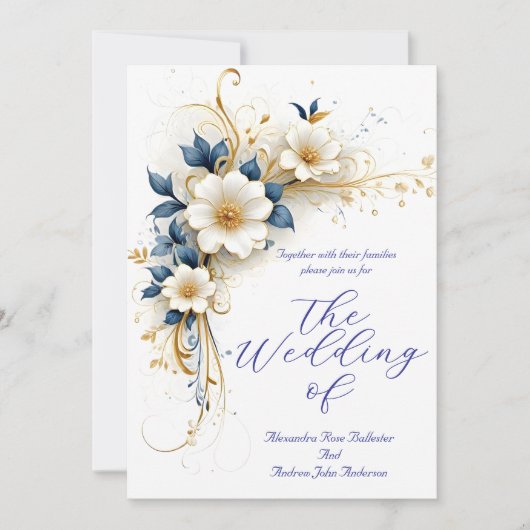 エレガントなウェディング王室のブルーホワイト金ゴールドの花 招待状 (正面)