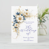 エレガントなウェディング王室のブルーホワイト金ゴールドの花 招待状 (スタンド正面)