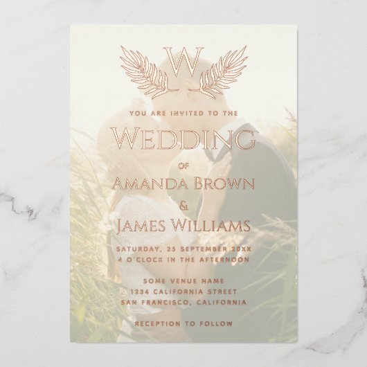 エレガントなウェディング葉モノグラムの透明写真 箔招待状 (正面)