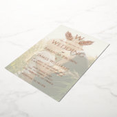 エレガントなウェディング葉モノグラムの透明写真 箔招待状 (回転した状態)