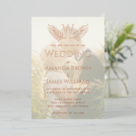 エレガントなウェディング葉モノグラムの透明写真 箔招待状 (立ち正面)