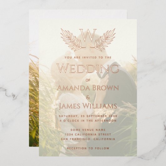 エレガントなウェディング葉モノグラムの透明写真 箔招待状 (正面/裏面)