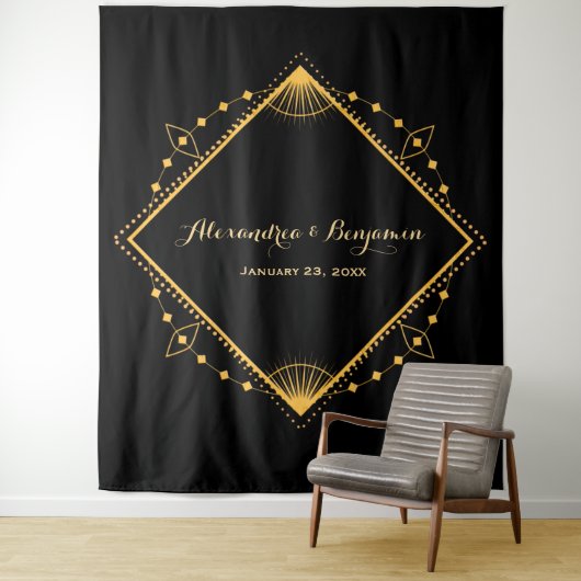 エレガントなウェディング金ゴールドダイヤモンドフォトブース背景 タペストリー (インサイチュ)