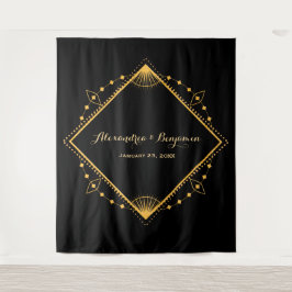 エレガントなウェディング金ゴールドダイヤモンドフォトブース背景 タペストリー