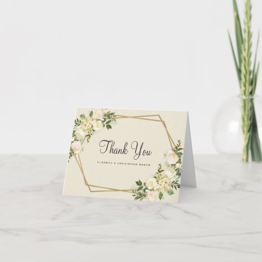 エレガントなウェディング金ゴールドフレームバラフローラ水色 サンキューカード (正面)