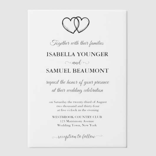 エレガントなウェディング2つのハートカスタム文字オーバーレイ ベラム紙招待状 (正面)