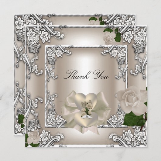 エレガントなウェディング クリーム ローズ シルバー ホワイト ありがとう サンキューカード (正面/裏面)