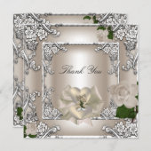 エレガントなウェディング クリーム ローズ シルバー ホワイト お礼 サンキューカード (正面/裏面)