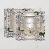 エレガントなウェディング クリーム ローズ シルバー ホワイト お礼 サンキューカード (正面/裏面)