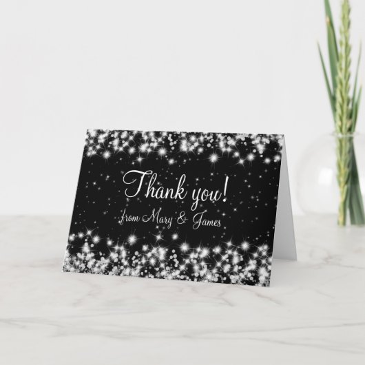 エレガントなウェディング サンクス ウィンター スパークル ブラック サンキューカード (正面)