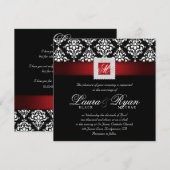 エレガントなウェディング ダマスク ジュエル レッド ブラック ホワイト スクエア 招待状 (正面/裏面)