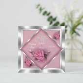 エレガントなウェディング ピンクのバラ シルバーの花束 招待状 (スタンド正面)