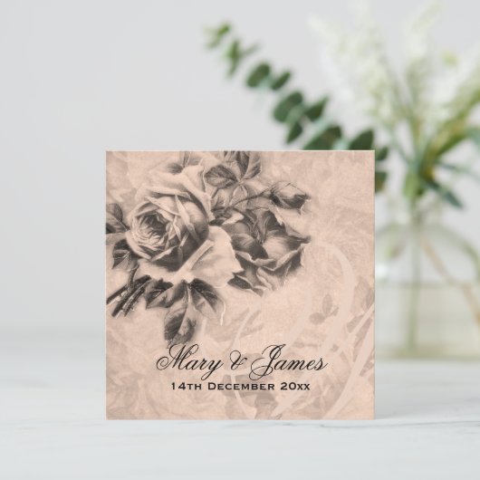 エレガントなウェディング ヴィンテージ ローズ セピア 招待状 (スタンド正面)