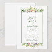 エレガントなウェディング　水彩花　蝶　グリーン 招待状 (正面/裏面)