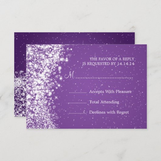 エレガントなウェディングRSVPきらめくウェーブパープル 出欠カード (正面/裏面)