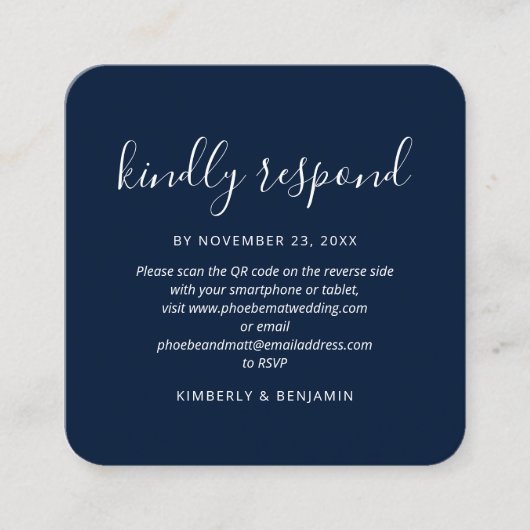 エレガントなウェディングRSVPカードとQRコード スクエア名刺 (正面)