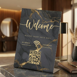 エレガントなウェルカムスクリプト WIFI アゲート ブラック マーブル 台座サイン