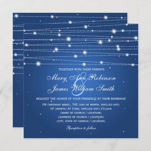 エレガントなウエディきらめくングラインサファイアブルー 招待状 (正面/裏面)
