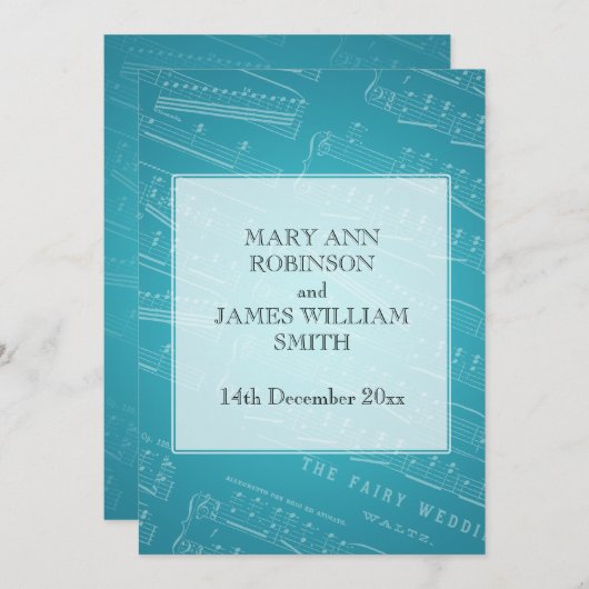 エレガントなウエディングシートミュージックブルー 招待状 (正面/裏面)