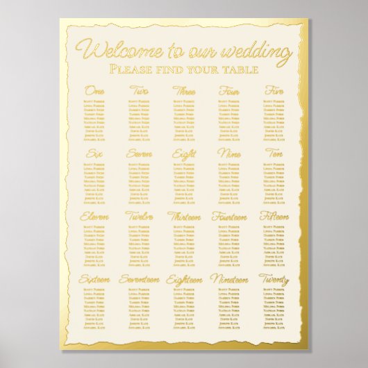 エレガントなエクリュ ラックス ゴールド エッジ 20 テーブル シーティング チャート (正面)