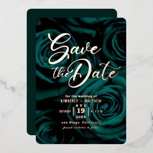 エレガントなエメラルドグリーンとゴールドの結婚式のSave the Dateカード 箔招待状 (正面/裏面)