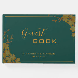 エレガントなエメラルドグリーンとゴールドの花のゲストブック ゲストブック