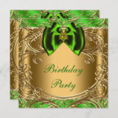 エレガントなエメラルドグリーンとゴールドの誕生日パーティー 招待状 (正面/裏面)