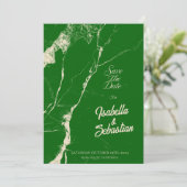 エレガントなエメラルドグリーンとシャンパンの大理石 Save the Date 招待状 (スタンド正面)